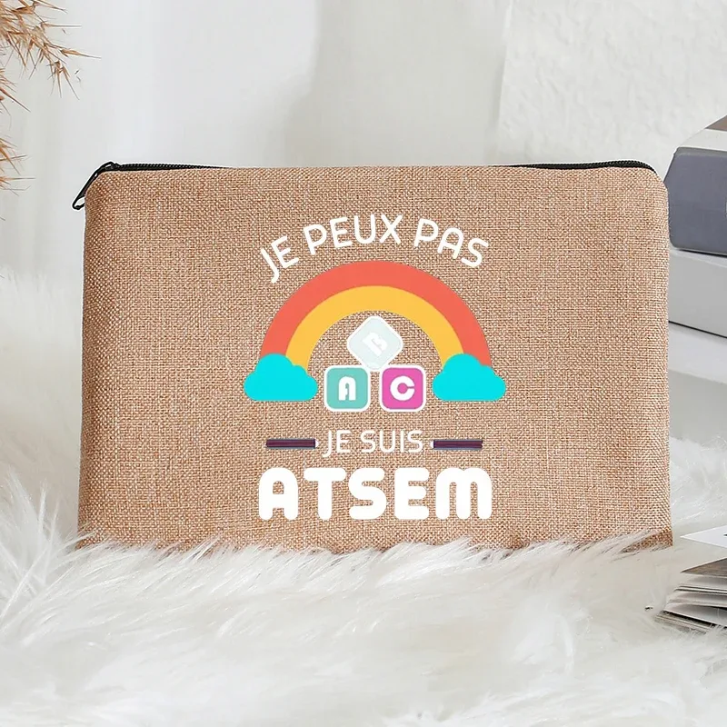 super atsem maitresse – trousse de toilette en lin, fermeture éclair, fournitures de bureau, trousse à crayons, portefeuille, sacs de maquillage polyvalents, cadeau pour les enseignants