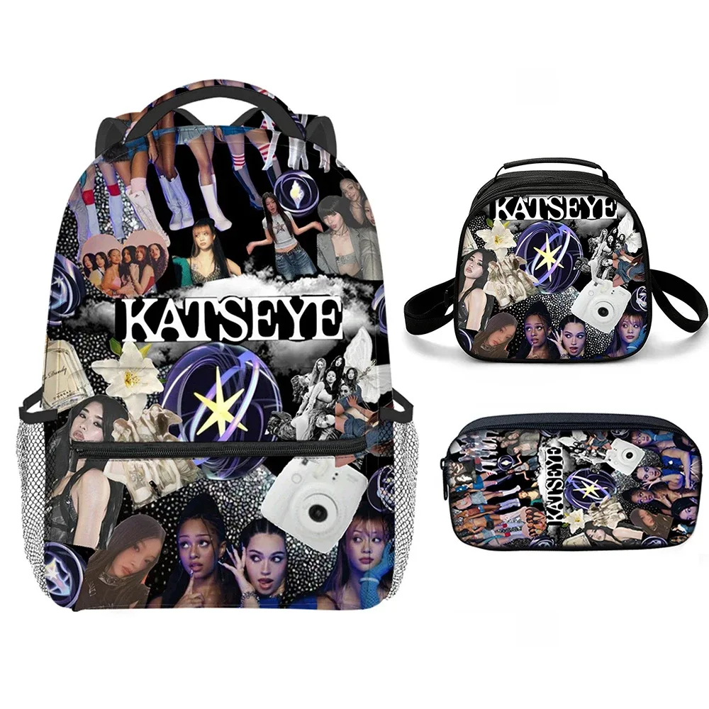sacs d'école classiques populaires et amusants avec impression 3d katseye, 3 pièces/ensemble, sac à dos pour ordinateur portable, sac à dos de forme semi-circulaire, sac à déjeuner, trousse à crayons
