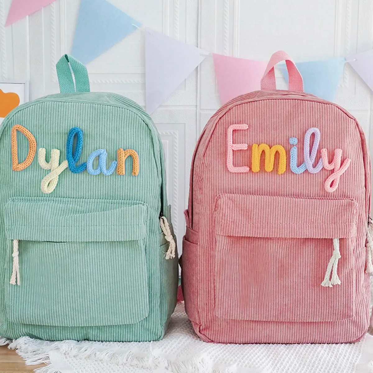 sac à dos personnalisé en velours côtelé pour hommes et femmes, lettres brodées à la main, sac à dos en tissu coloré, 1 pièce