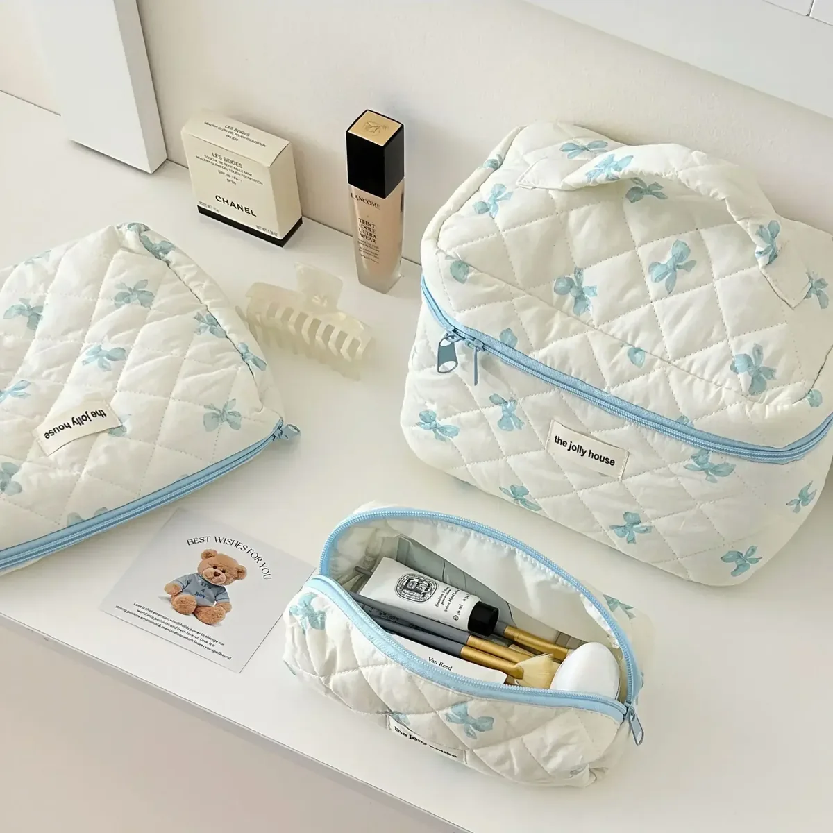 sac de maquillage coréen imprimé nœud pour femmes, trousse à cosmétiques portable de grande capacité pour articles de toilette de voyage, sac de rangement de cosmétiques