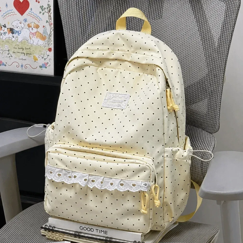 sac à dos de voyage mignon à pois avec dentelle, grande capacité, cartable d'étudiant, sac à dos multi-poches en nylon pour ordinateur portable