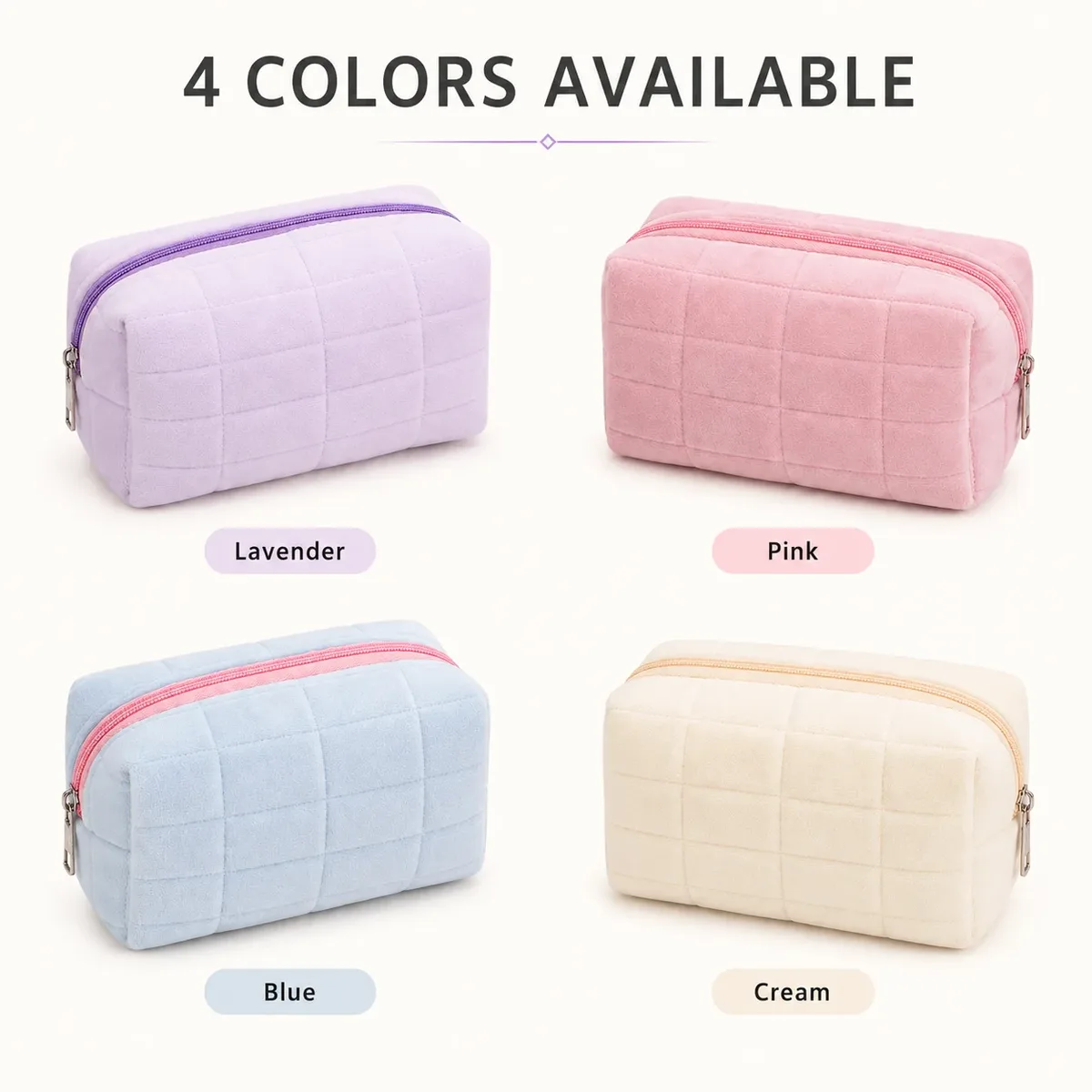sac de maquillage matelassé en peluche douce, grande capacité, pochette cosmétique portable à fermeture éclair, sac de rangement pour articles de toilette et de soin de la peau pour voyage.