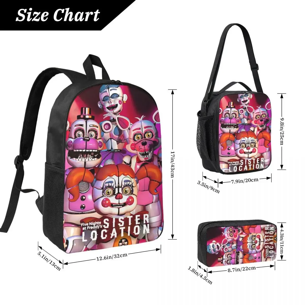 jeu sœur emplacement fnaf 3pecs/ensemble sac à dos pour adolescent lycée sac à dos sac à déjeuner trousse à crayons