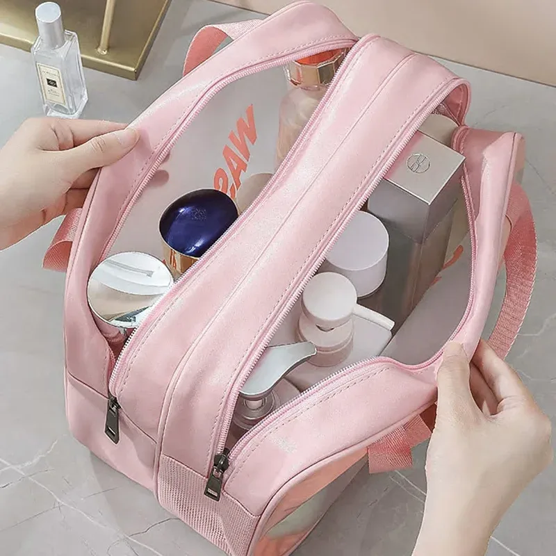 trousse de toilette grande capacité étanche avec séparation humide/sèche en pu givré double couche – sac de voyage maquillage et lavage – organisateur de salle de bain