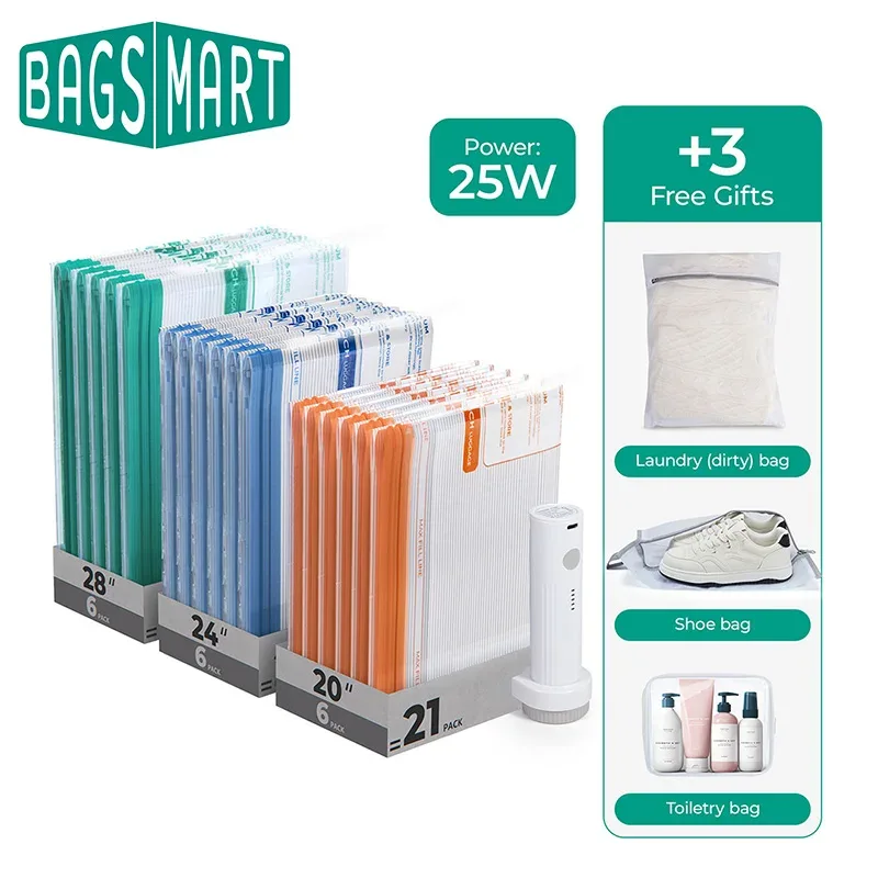 Sacs sous vide BAGSMART pour le voyage avec pompe à air rechargeable, sacs de compression portables pour économiser de l'espace, sacs sous vide pour vêtements