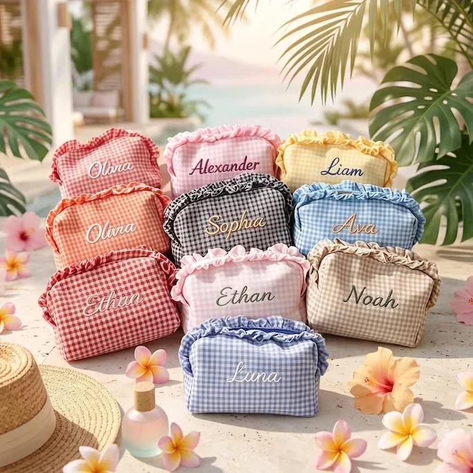 Pochette à maquillage personnalisée avec une délicate bordure à volants, jolie pochette cosmétique coréenne douce, idéale pour un usage quotidien ou en vacances, cadeau pour demoiselle d'honneur