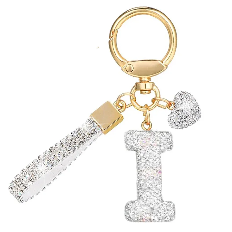 porte-clés avec lettres blanches brillantes, alphabet a-z pour porte-clés de voiture/sac à dos et cadeau avec lanière ajoutée