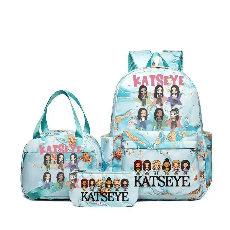 sacs à dos katseye à imprimé amusant avec sacs à lunch, multi-poches, camouflage, pour adolescents, sac à dos de voyage pour ordinateur portable, sac d'école pour femmes, mochila