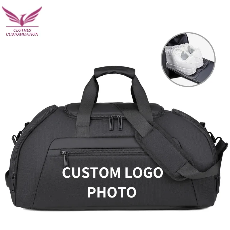 Sac de voyage grande capacité avec logo personnalisé pour hommes, sac de sport imperméable pour les voyages en plein air, sac à dos avec compartiment à chaussures et possibilité d'impression de nom.
