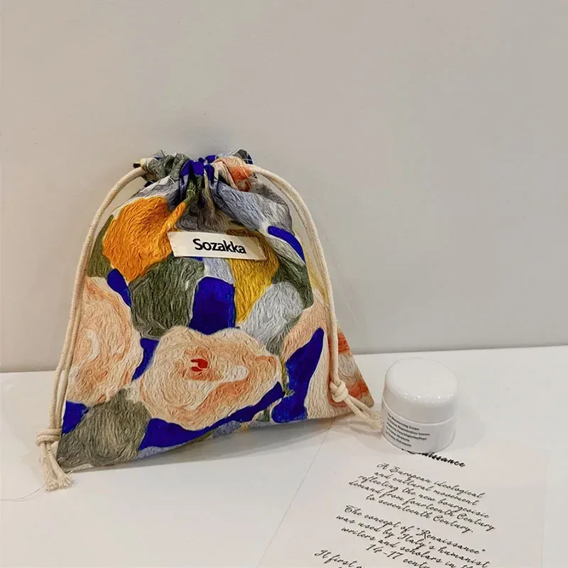 sac de maquillage mignon, cadeau de noël, organisateur de bijoux de bonbons, sac de rangement floral en coton et lin, pochette de rangement de finition pour femmes