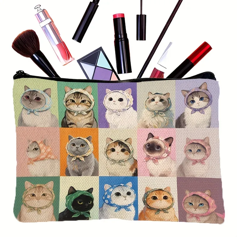 Adorable foulard de chat, trousse de maquillage, organisateur de voyage Portable, pochette de rangement pour un usage quotidien, trousse à crayons à fermeture éclair