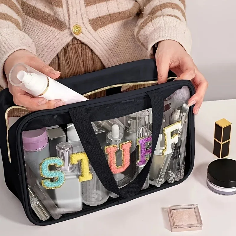 sacs de rangement de toilette, organisateurs de cosmétiques de voyage de grande capacité, sacs à cosmétiques avec lettres en chenille, pochettes de maquillage transparentes