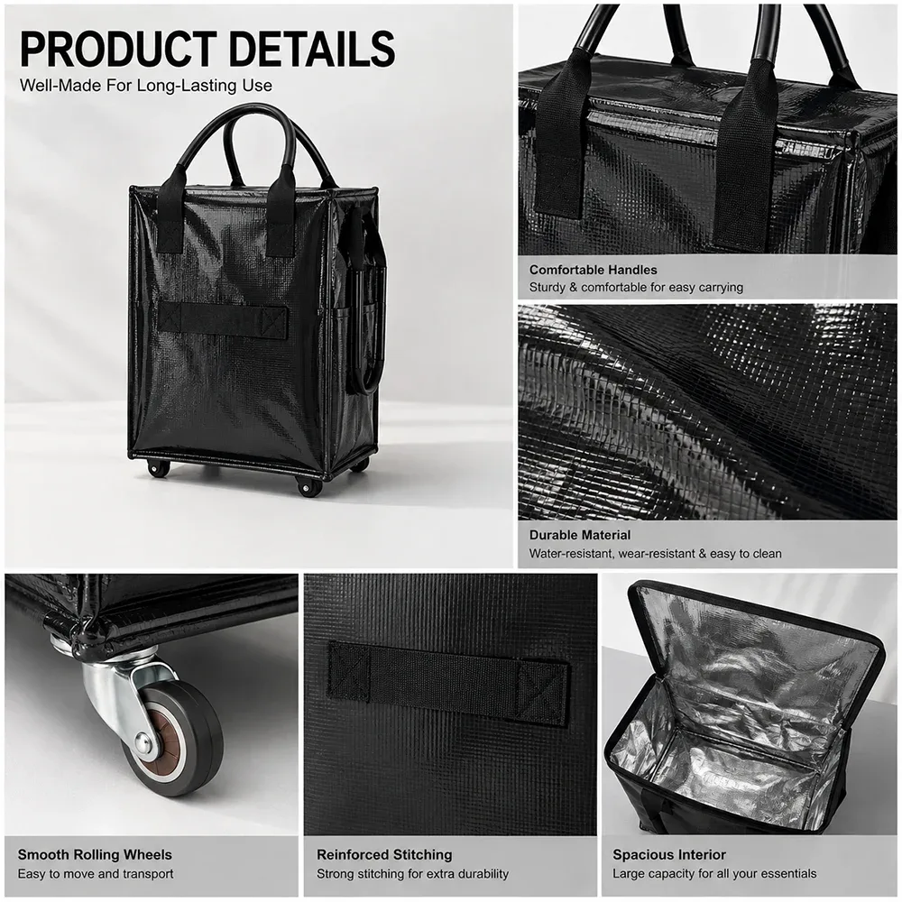 sac de transport à roulettes grande capacité, pliable, réutilisable, sac de courses, organisateur de rangement portable 40x30x50cm