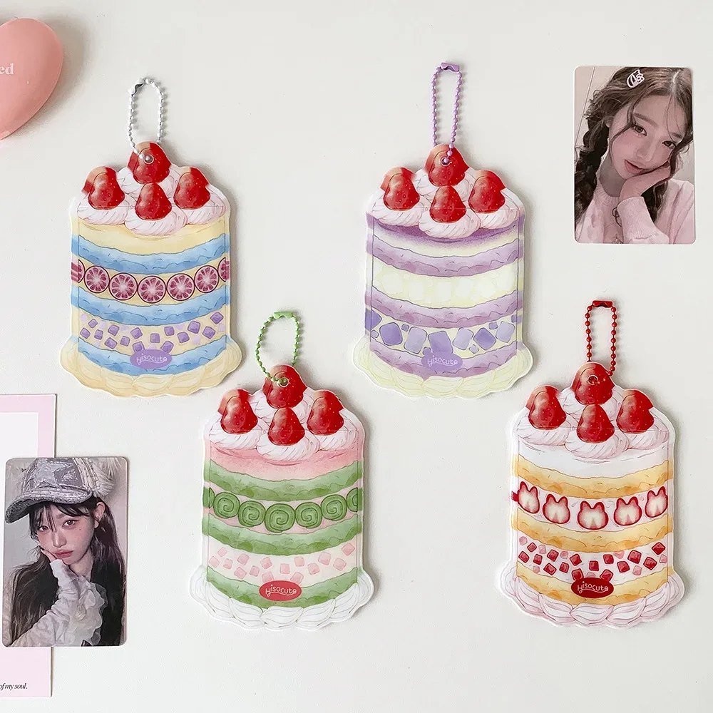 porte-cartes kpop 3 pouces, motif gâteau fraise mignon, protège-cartes cœur, pendentif sac portable, décor sac à dos, porte-clés, étui pour cartes