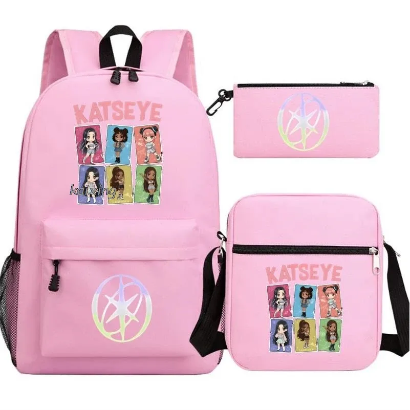 katseye chaud drôle impression sac à dos pour filles garçons étudiant pour adolescent enfants sac à dos cartable sac d'école décontracté 3 pièces/ensembles
