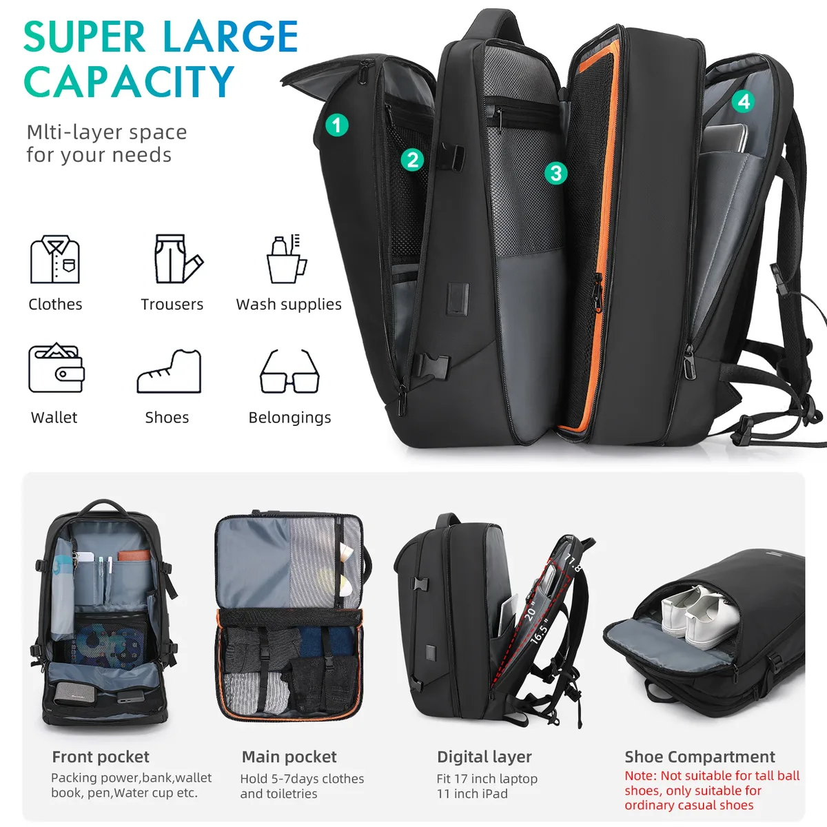 sac à dos extensible tangcool 36l-50l, imperméable, en oxford, pour ordinateur portable 17,3 pouces, voyage d'