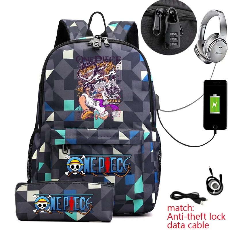 sac à dos d'étudiant imprimé one piece luffy, sac d'école décontracté antivol avec trousse à crayons pour garçons et filles