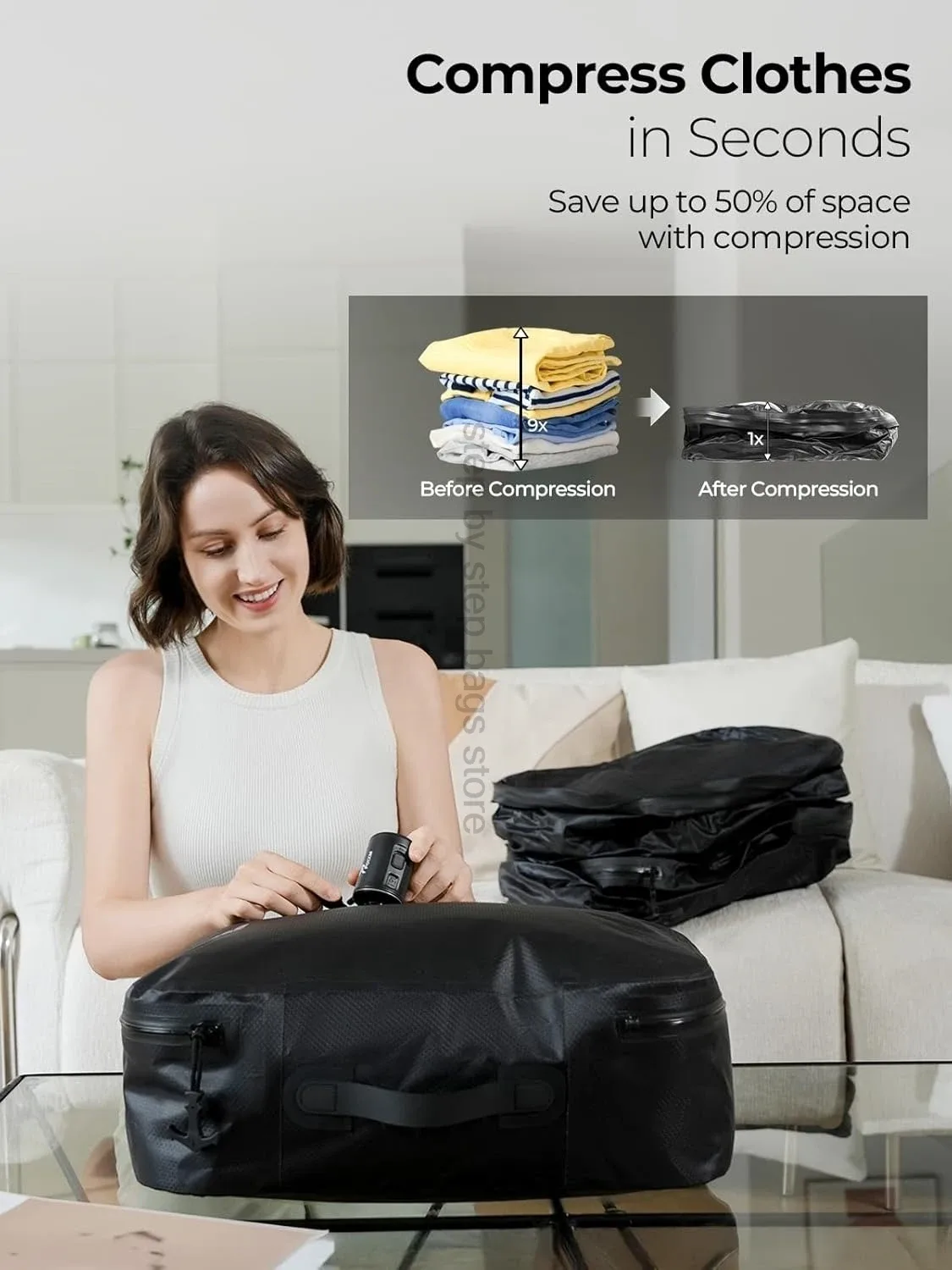 180 °   sacs sous vide ouverts pour voyage, sacs de compression peu encombrants 40l pour bagages, valise, sac à dos, rangement à domicile, étanche