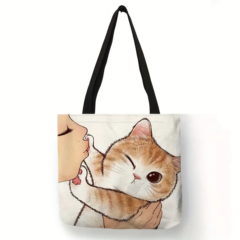 sac fourre-tout imprimé chat de dessin animé mignon, sac à bandoulière de grande capacité, sac à main décontracté pour femmes pour le travail, l'école et le shopping