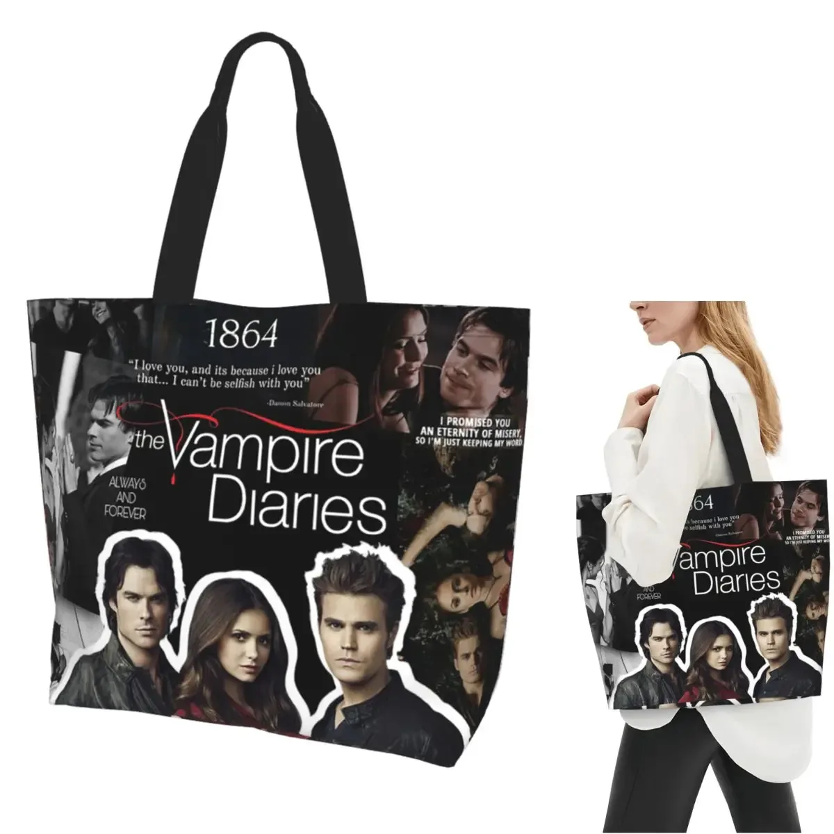 the vampire diaries – sac fourre-tout en toile pour femmes, sac à bandoulière de grande capacité, sac à main pour courses