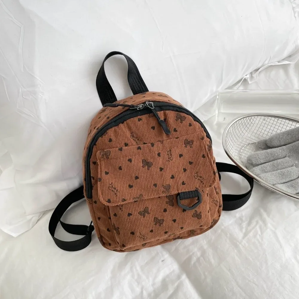 mini sac à dos en velours côtelé léger, multi-compartiments, décontracté, ouverture zippée, imprimé cœur et nœud, pour adolescentes