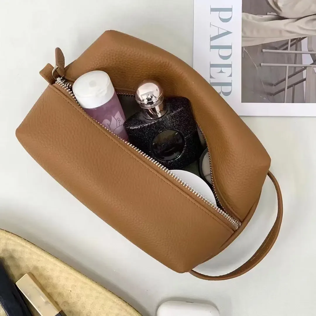 trousse de toilette en cuir de vachette pour femme, lettres personnalisées gratuites, grande capacité, cuir véritable, sac cosmétique portable de voyage, haute qualité