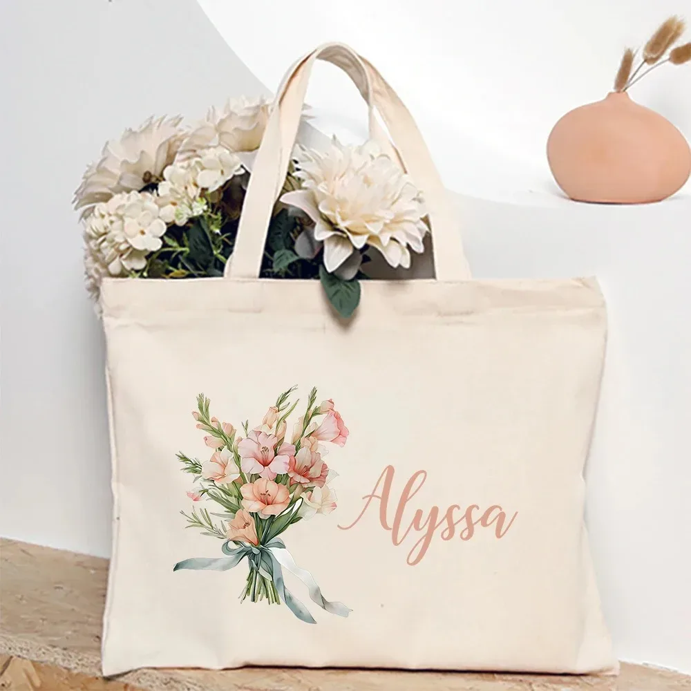 sac à bandoulière personnalisé avec fleur du mois de naissance et nom, sac fourre-tout en toile monogramme, idéal pour mariage, anniversaire, fête, meilleur cadeau pour elle