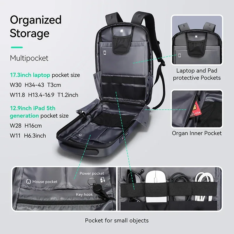 sac à dos rigide pour homme mark ryden, sacoche pour ordinateur portable 17,3 pouces avec serrure tsa, chargement usb, résistant à l'eau, pour les déplacements professionnels