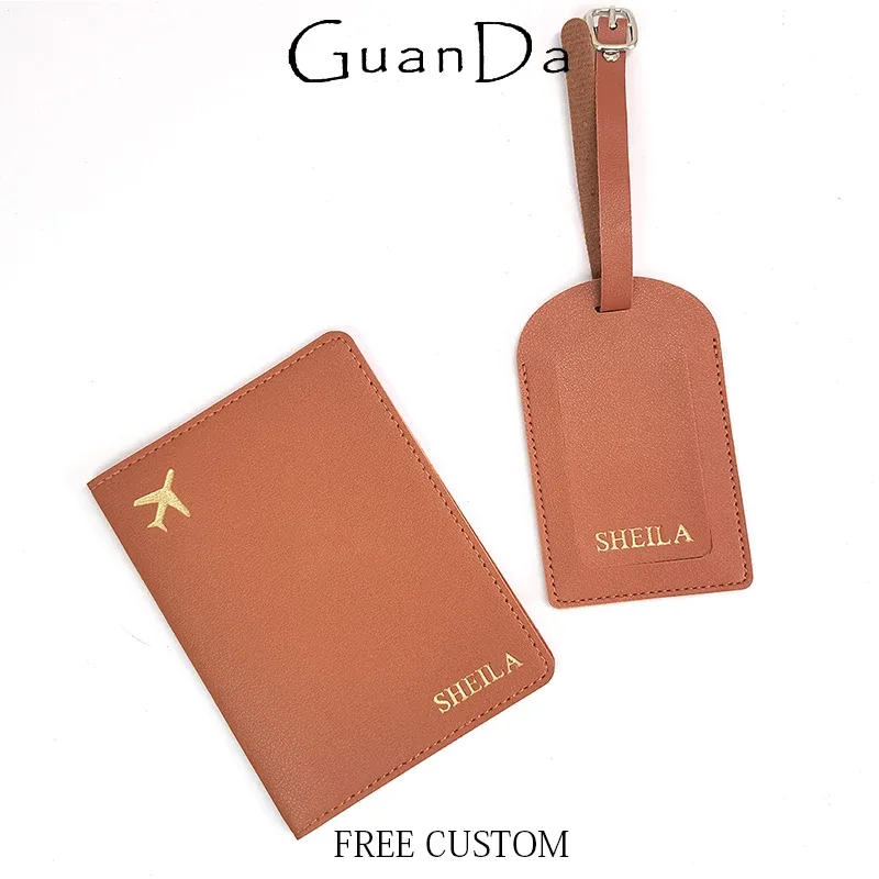 Ensemble de porte-passeport de voyage avec nom personnalisé, étiquette de bagage en cuir gravée, vente en gros, pendentif d'étiquette de valise, couverture de passeport de luxe, cadeau