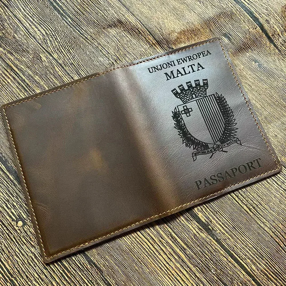 couverture de passeport pour hommes, 100% cuir véritable, île de malte, vintage, cheval fou, porte-passeport