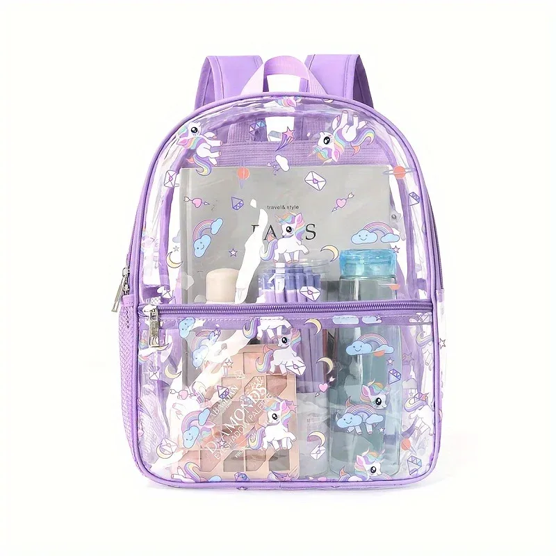 sac à dos transparent licorne, imprimé cœur arc-en-ciel, sac d'école en pvc, sac à dos imperméable pour voyage et plage, sac à dos pour enfants