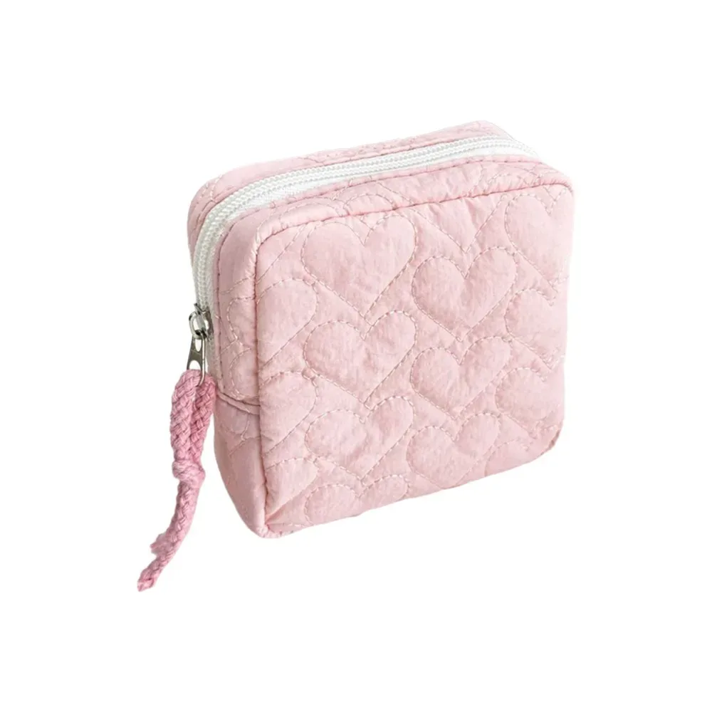 sac cosmétique portable à fermeture éclair, compact, en tissu doux, pochette de voyage pour articles de toilette, motif cœur carré, mini pochettes de maquillage pour voyage.