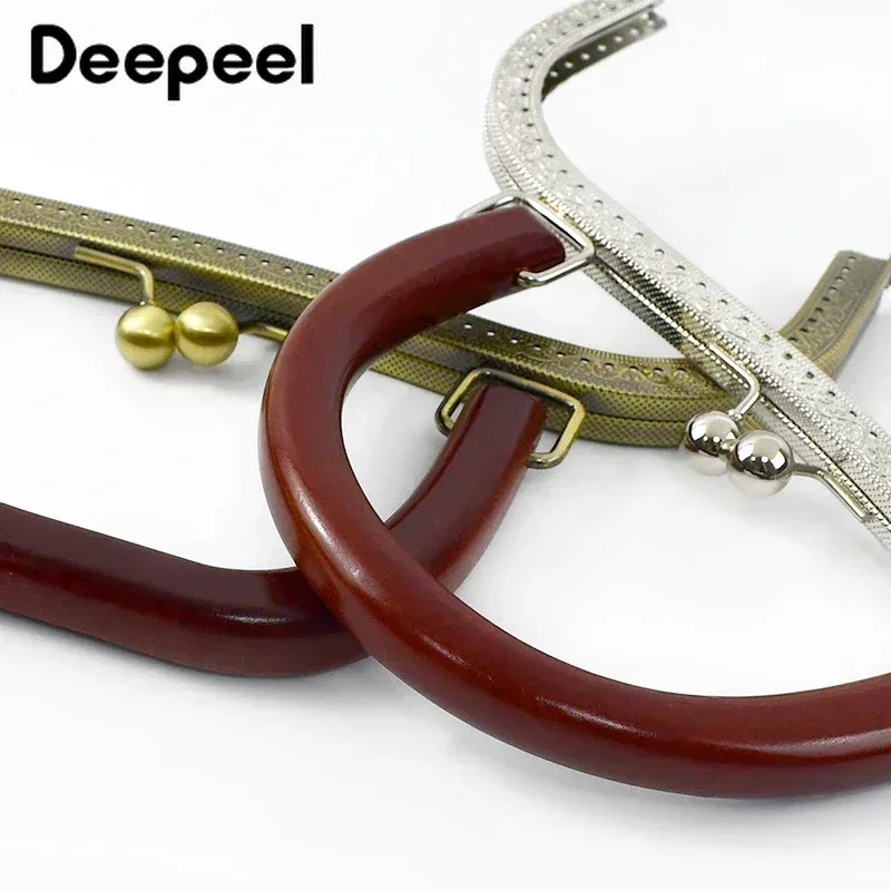 deepeel-cadre de sac à main en métal, poignée de sac en bois, fermoir de baiser, couture rapide, kit de réparation de portefeuille, accessoires de matériel de bricolage, 26cm, 1 pièce