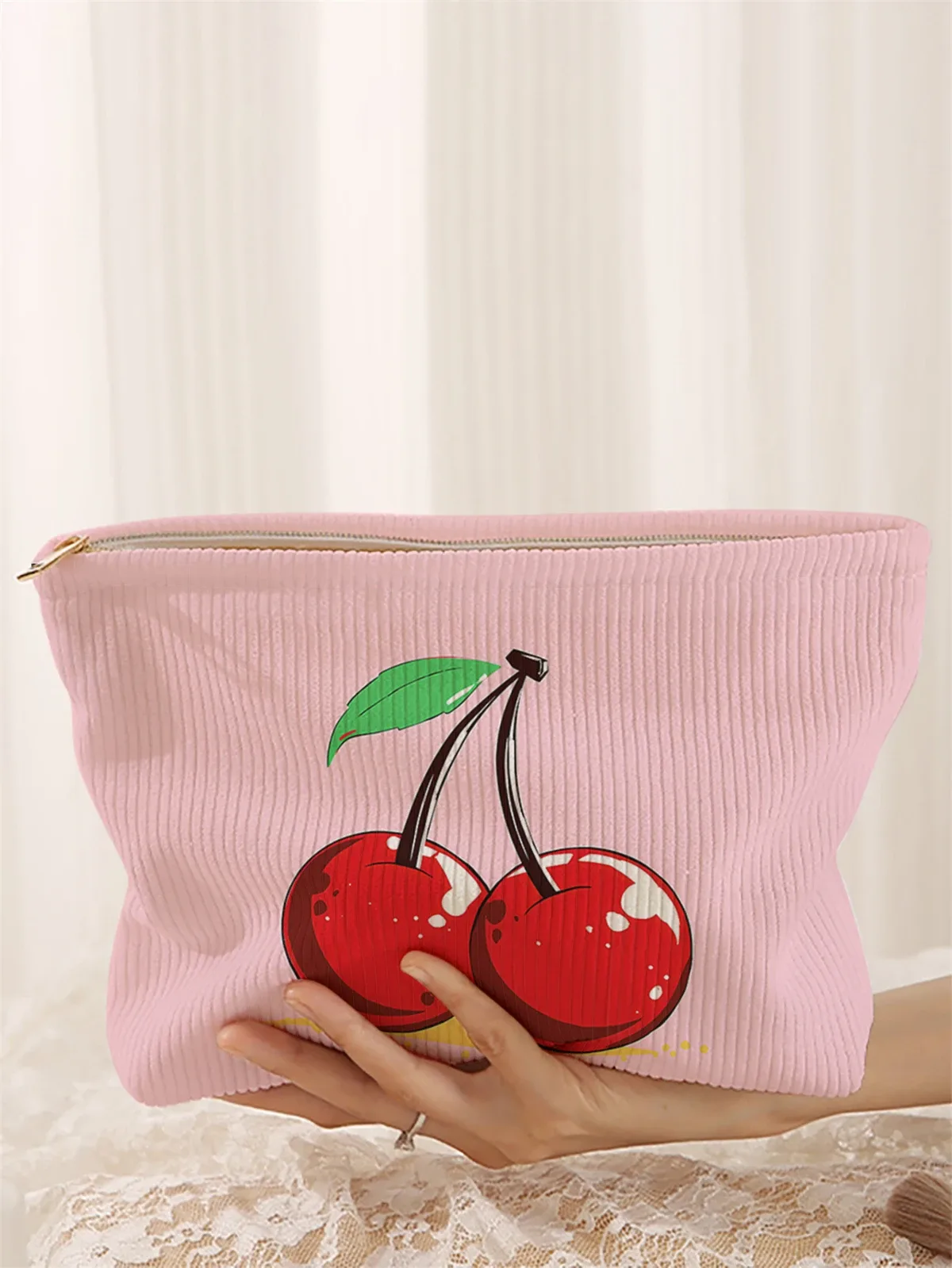 1 trousse de maquillage en velours côtelé à motifs cerises, boîte de rangement de maquillage légère à fermeture éclair, sac multifonctionnel avec doublure