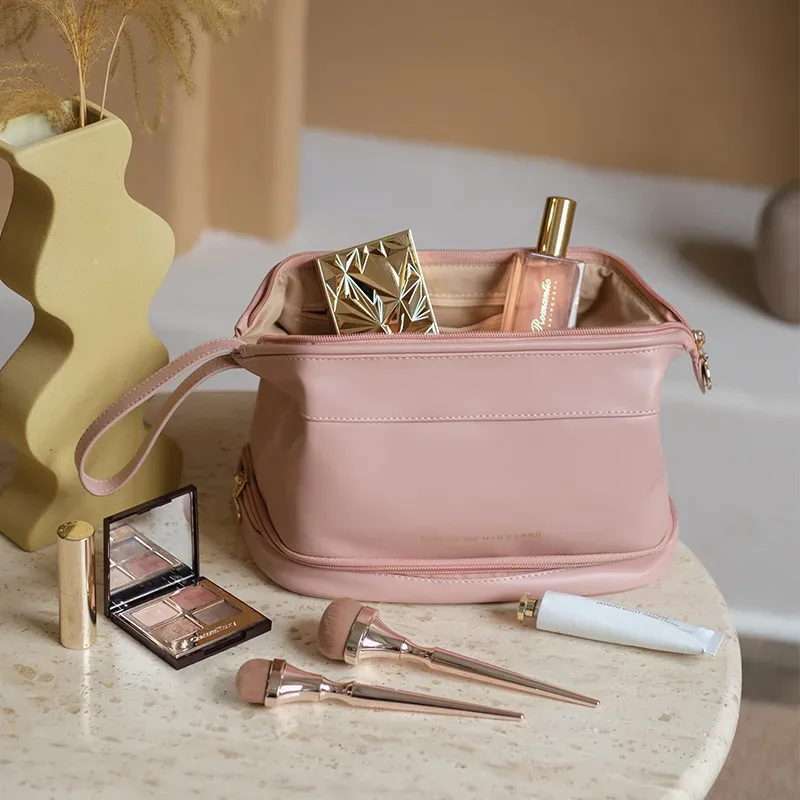 trousse de maquillage multifonctionnelle pour femme, cuir pu, grande capacité, portable, double fermeture éclair, voyage, brosse à maquillage, rangement d'articles de toilette