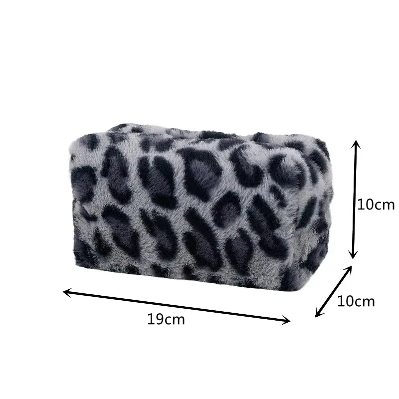 pochette de maquillage en peluche à imprimé léopard, sac de toilette portable pour voyage, sac cosmétique doux et duveteux, trousse à crayons multi-usage pour filles