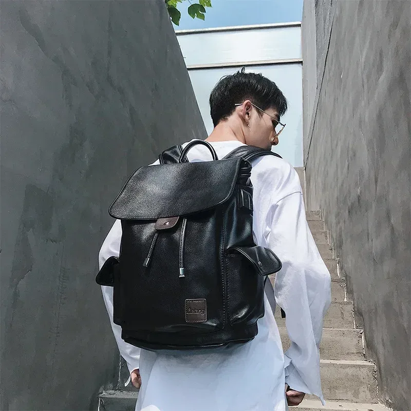 sac à dos de voyage à cordon de serrage pour hommes, sacs à dos en cuir pu de haute qualité, sac à dos au design tendance, cartable souple