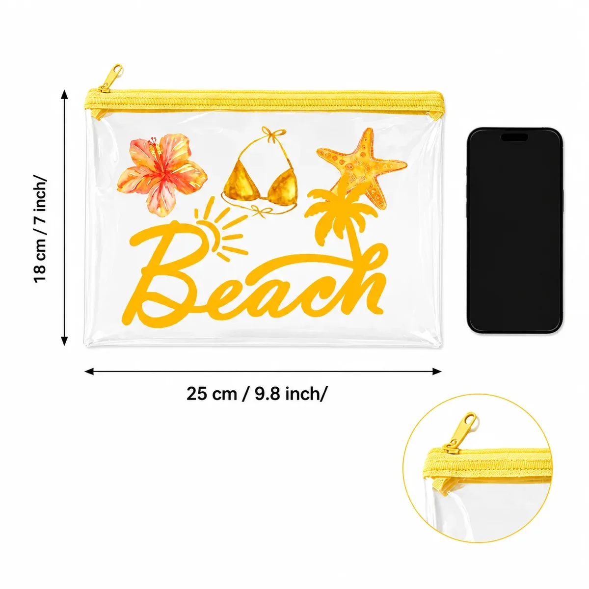 sac cosmétique transparent en pvc style plage tropicale avec fermeture éclair jaune, trousse de toilette de voyage pour femme, essentiels pour la piscine, les vacances et la natation