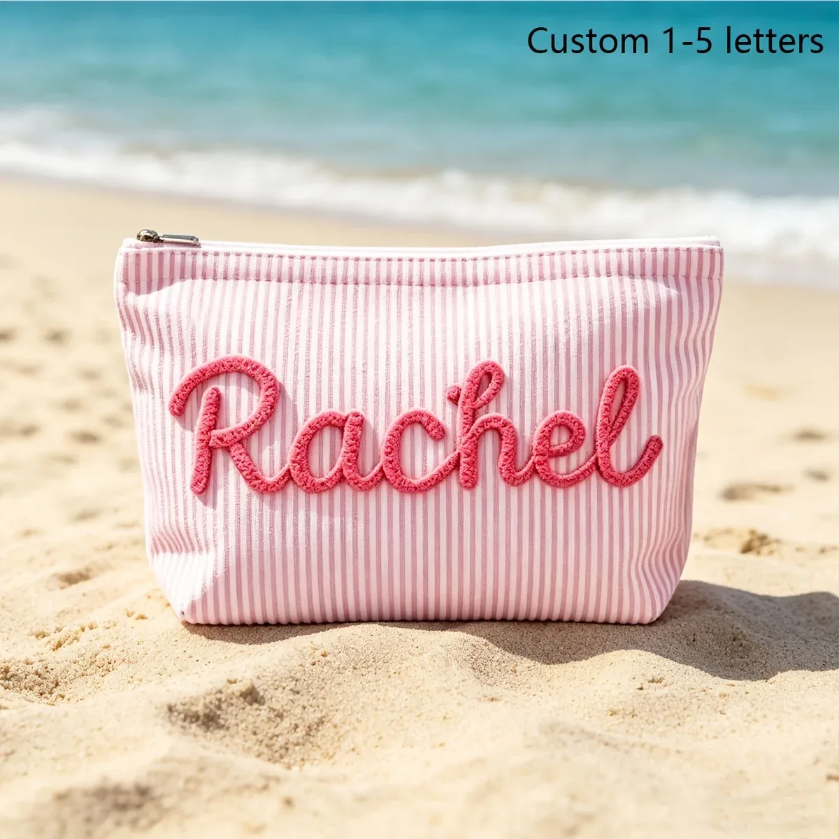1 pièce trousse de maquillage personnalisable en seersucker rayé, pochette cosmétique de voyage portable, sac de rangement pour la plage d'été, cadeau pour demoiselle d'honneur et petite amie