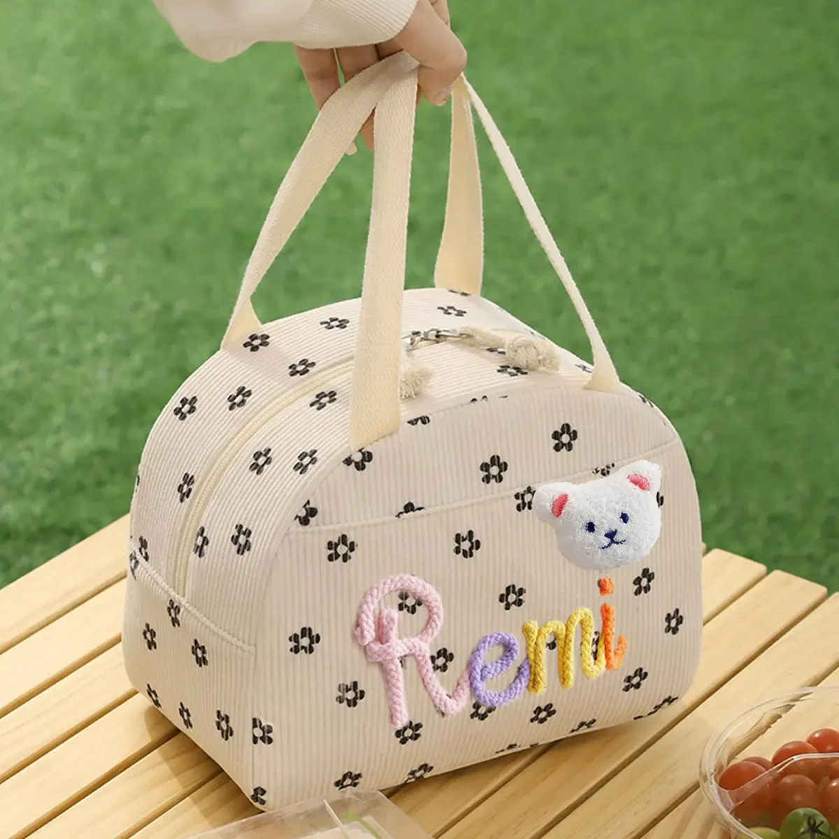sac fourre-tout personnalisé avec initiales – sac à déjeuner isotherme en velours côtelé grande capacité personnalisé ; cadeau de rentrée scolaire, sac de vacances et de fête