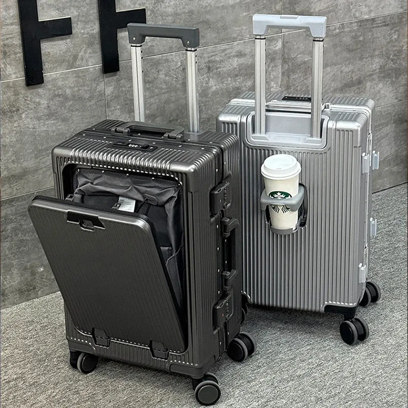 valise de voyage ko-ku nouvelle version avec ouverture frontale, compartiment pour ordinateur portable, cadre en aluminium 20-28, et porte-gobelet