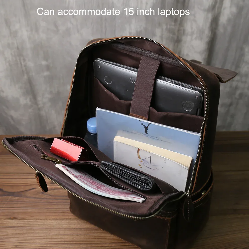 sac à dos rétro en cuir crazy horse durable pour homme, cuir de première qualité, grande capacité, boucle à fermeture éclair, sac d'ordinateur pour voyage en plein air