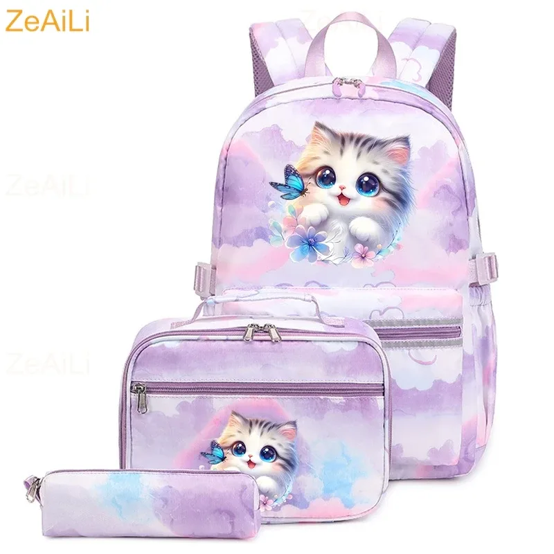 lot de 3 sacs à dos mignons pour étudiants et adolescents, motif patte de chien et chat, couleur violette, avec sac à déjeuner, sac de voyage coloré, sacs d'école pour garçons et filles, ensembles de mochilas