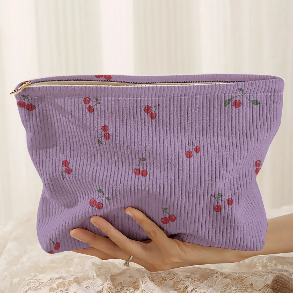 trousse de maquillage en velours côtelé imprimé cerises, boîte de rangement légère à fermeture éclair, sac multifonctionnel avec doublure