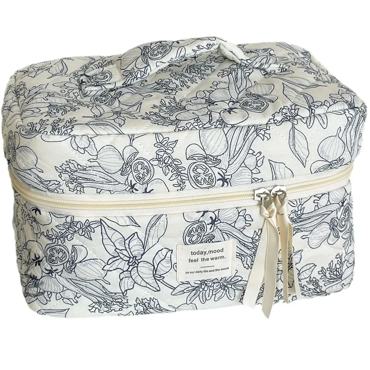 sac à cosmétiques à fermeture éclair pour femmes, organisateur de fleurs, sac de maquillage en coton matelassé, sac à main en tissu, trousse de toilette portable, voyage pour filles