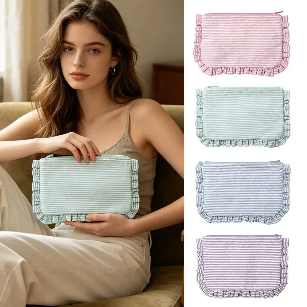 sac de maquillage à rayures à volants durable, grande capacité, pochette cosmétique portable, trousse de toilette, cadeau