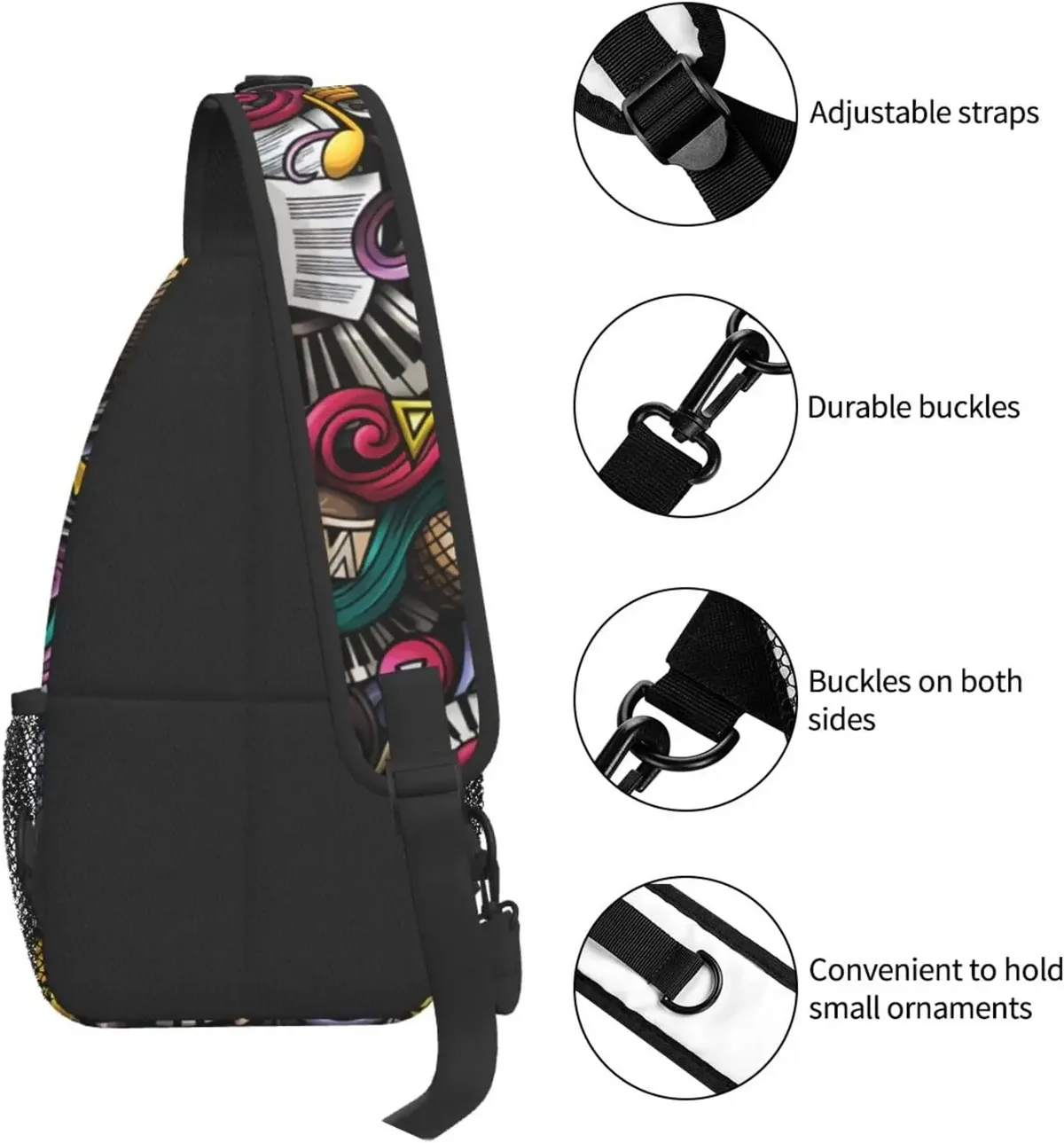 sac à bandoulière musical pour femmes et hommes, proximité de la main, motif sans couture, sacs initiés, sac à dos décontracté, sac de poitrine