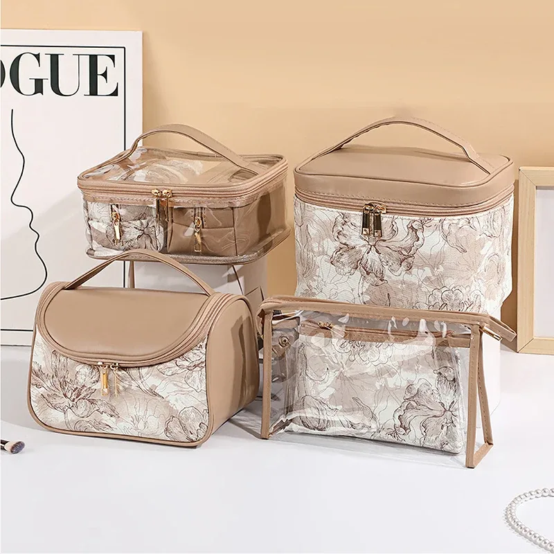 Sac de maquillage portable élégant, motif floral en dentelle, sac de rangement cosmétique avec poignée, pochette de toilette de voyage de grande capacité pour femmes