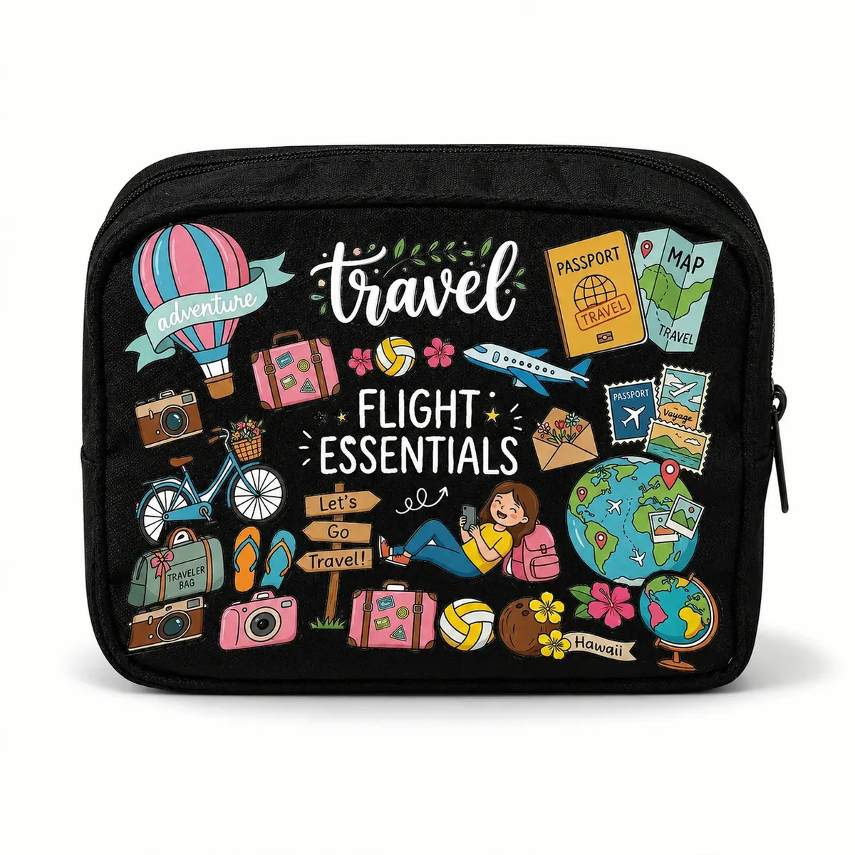 trousse de toilette de voyage pour femme, imprimé coloré flight essentials, organiseur de maquillage portable à fermeture éclair pour la plage, les vacances et les bagages