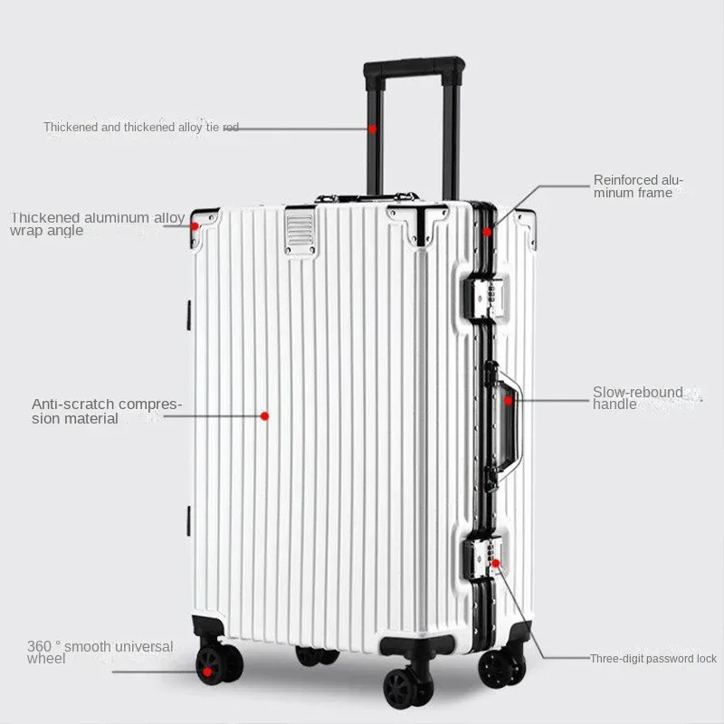 valise à roulettes 20 26 30 pouces avec cadre en aluminium, roues silencieuses, unisexe, grande capacité, valise à roulettes avec serrure à code